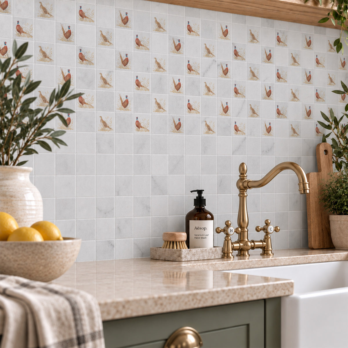 Close-up showing mosaic unique tiles Pheasant design.