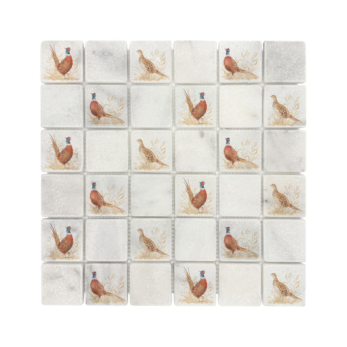 Close-up showing mosaic unique tiles Pheasant design.