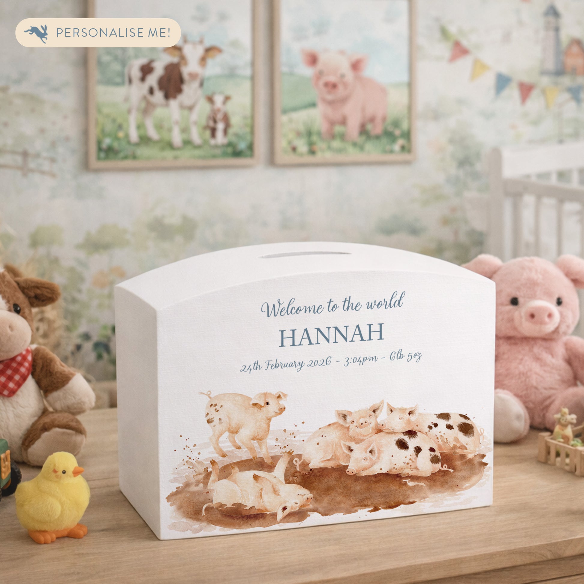 A group of piglets rolling and having fun in the mud, sploshing and splashing. A very fun little design for a special little one in your life. 