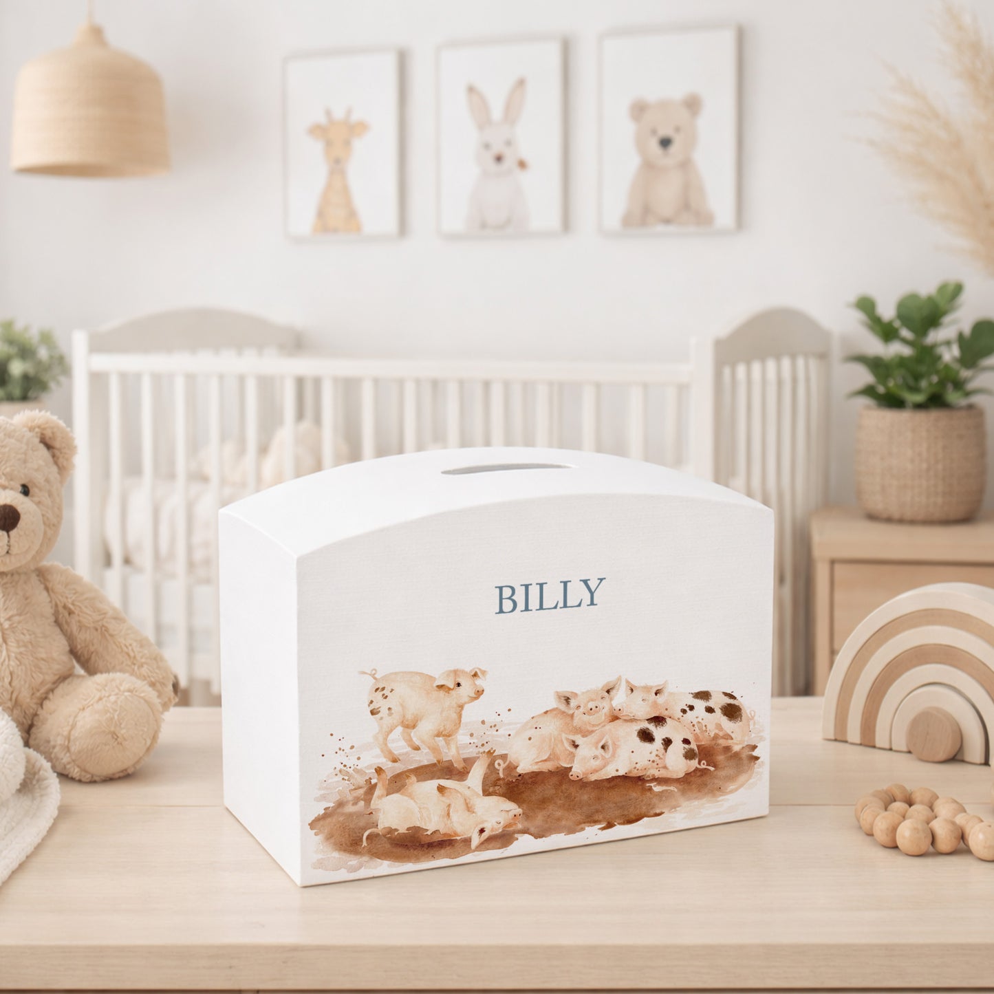 A group of piglets rolling and having fun in the mud, sploshing and splashing. A very fun little design for a special little one in your life. 