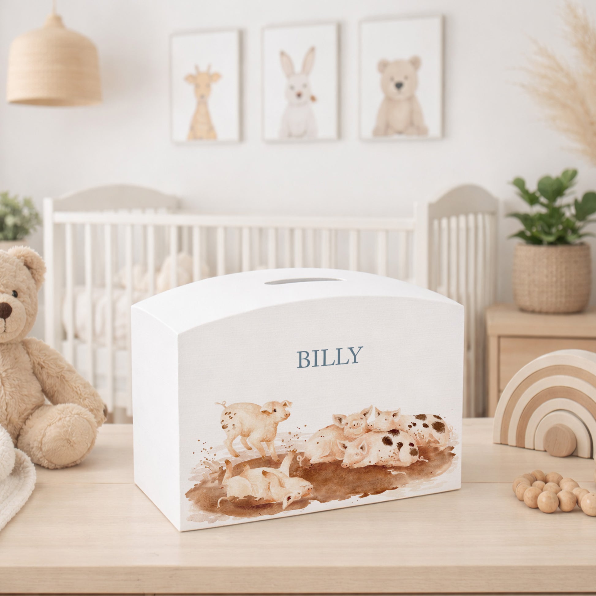 A group of piglets rolling and having fun in the mud, sploshing and splashing. A very fun little design for a special little one in your life. 