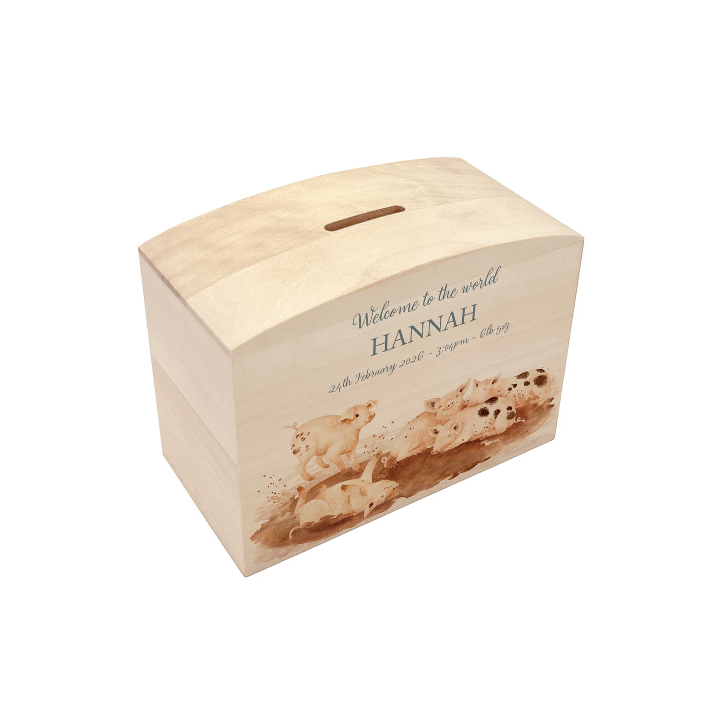 handmade wooden money box with watercolour design in nursery setting