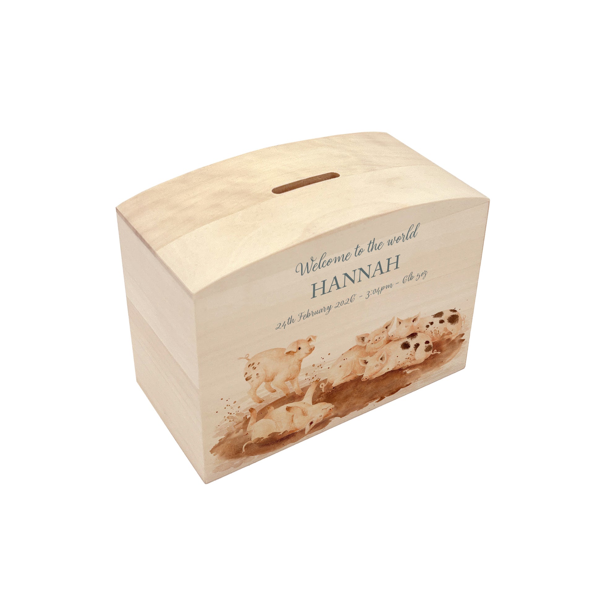 handmade wooden money box with watercolour design in nursery setting
