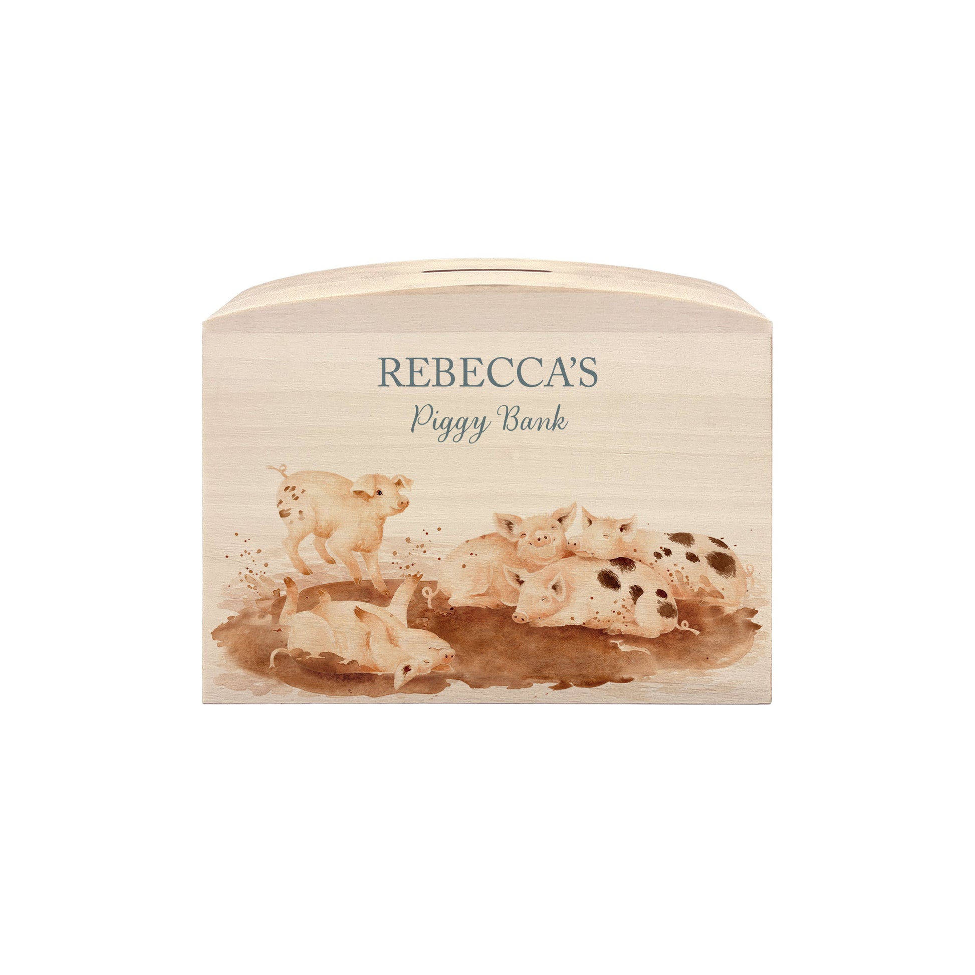 handmade wooden money box with watercolour design in nursery setting