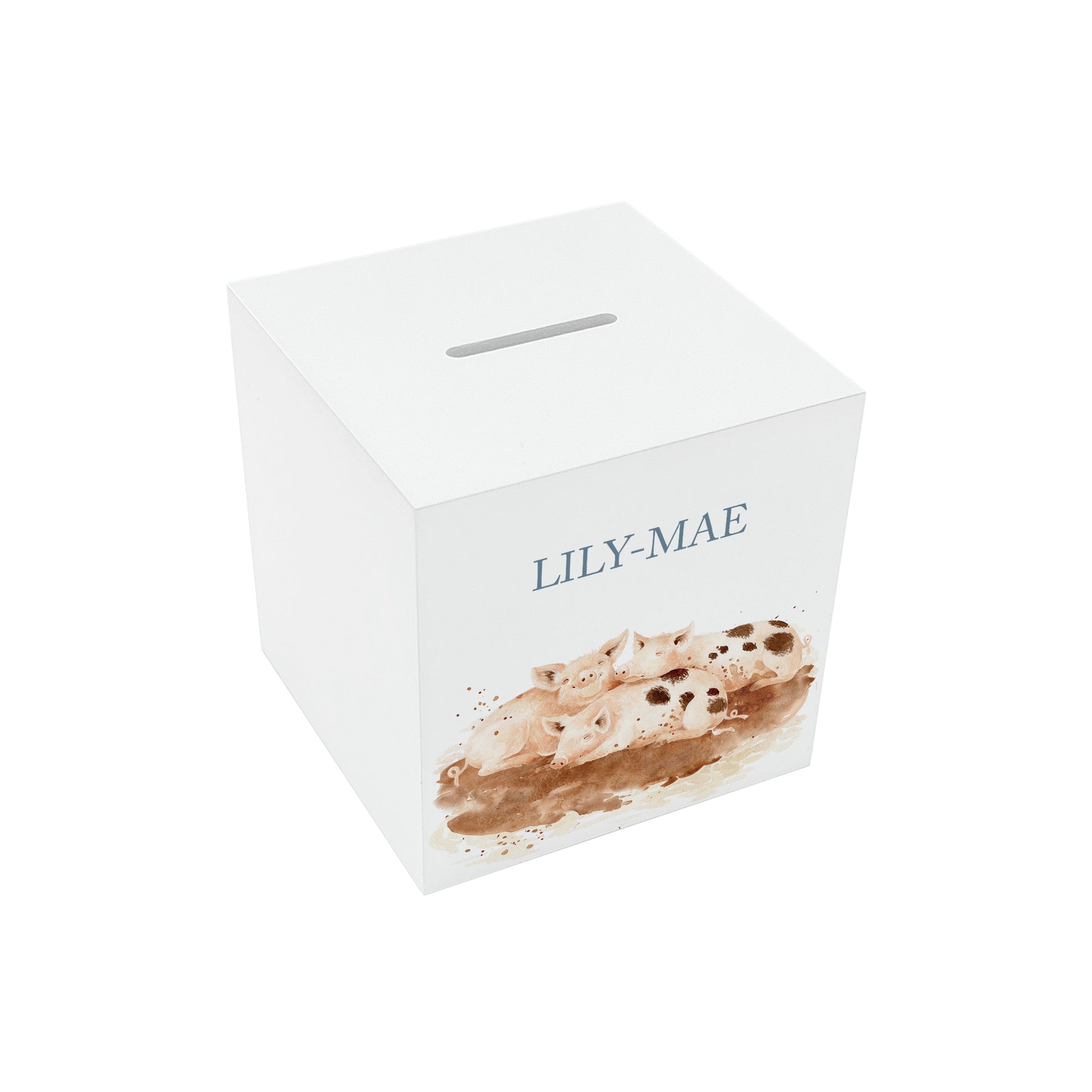 handmade personalised wooden money box with watercolour design in nursery. Piglets playing in muddy puddles 