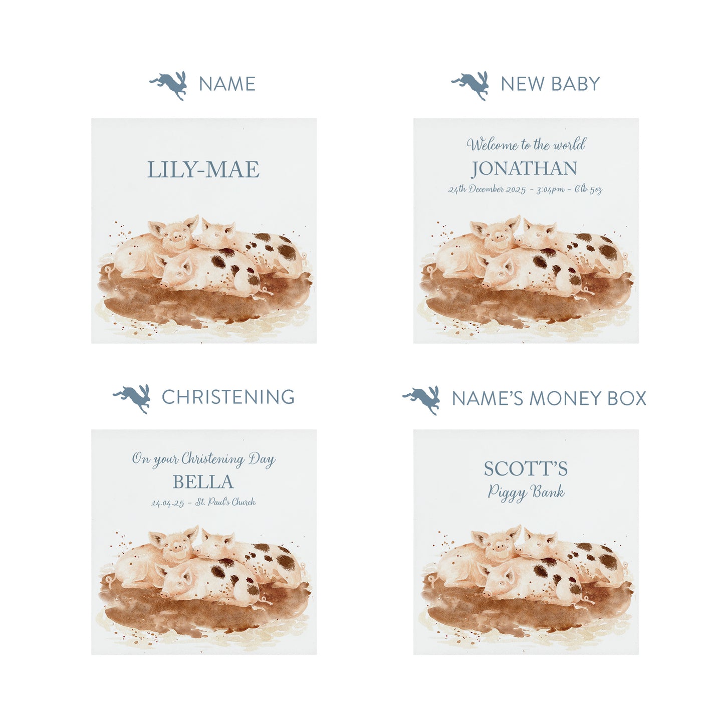 handmade personalised wooden money box with watercolour design in nursery. Piglets playing in muddy puddles 