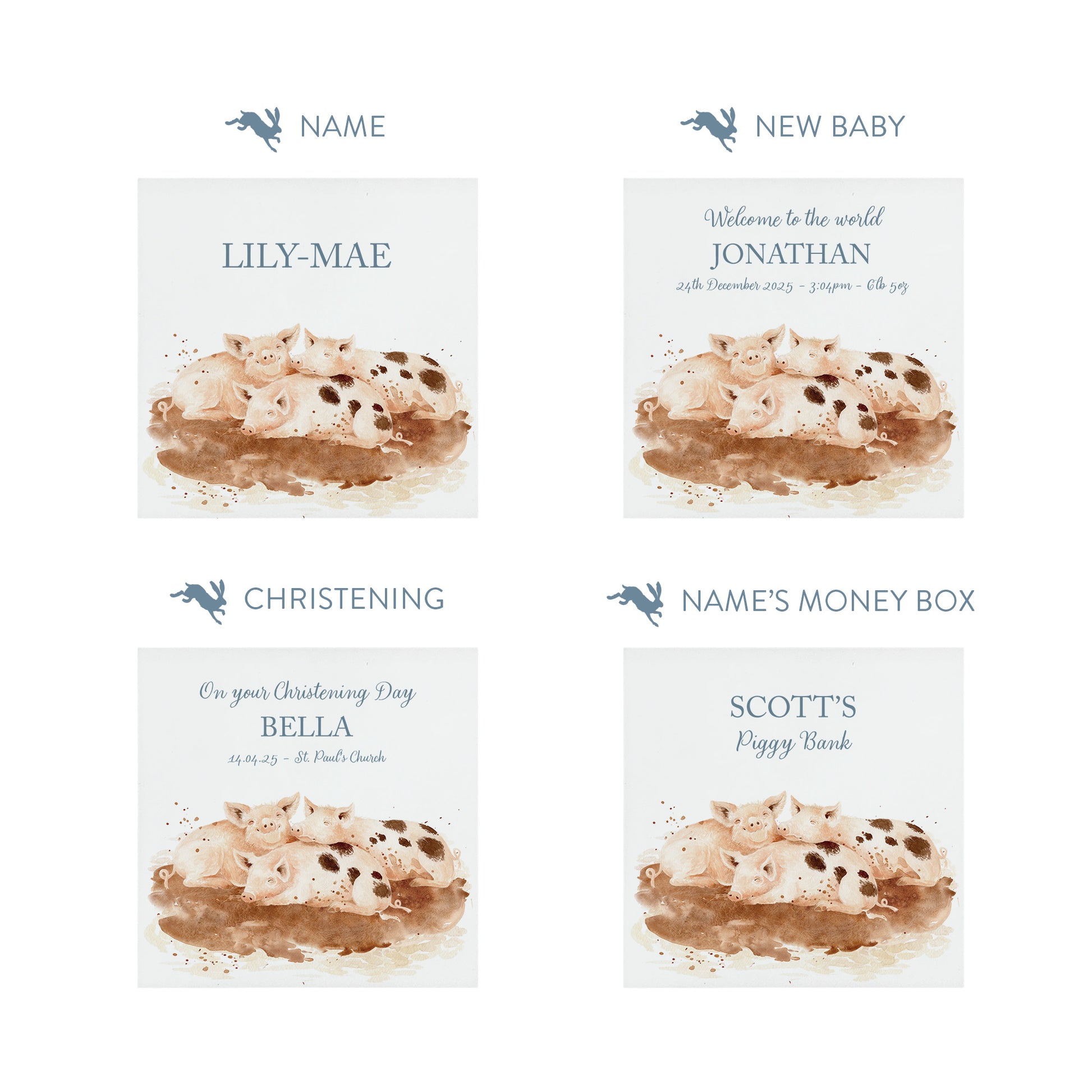 handmade personalised wooden money box with watercolour design in nursery. Piglets playing in muddy puddles 