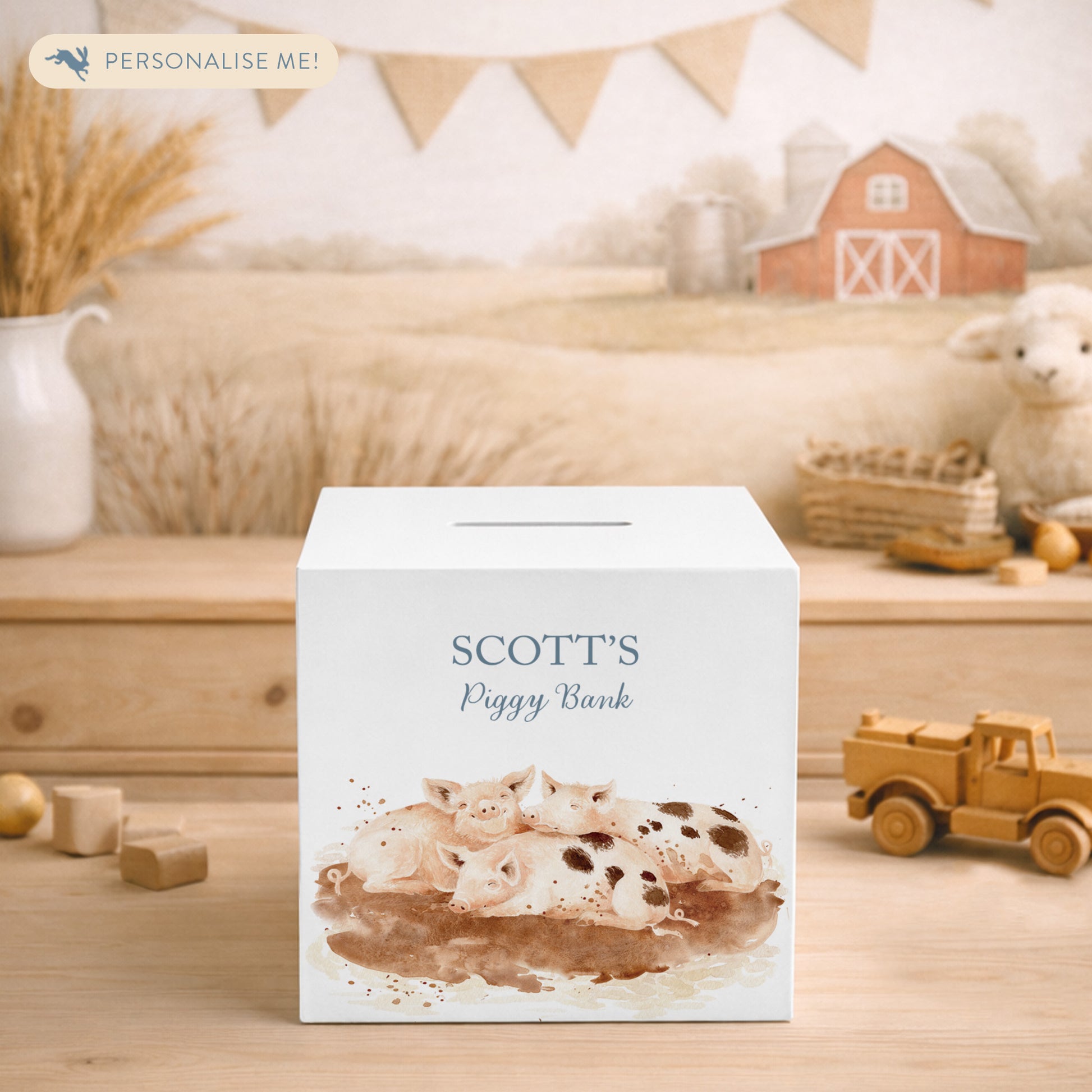 handmade personalised wooden money box with watercolour design in nursery. Piglets playing in muddy puddles 