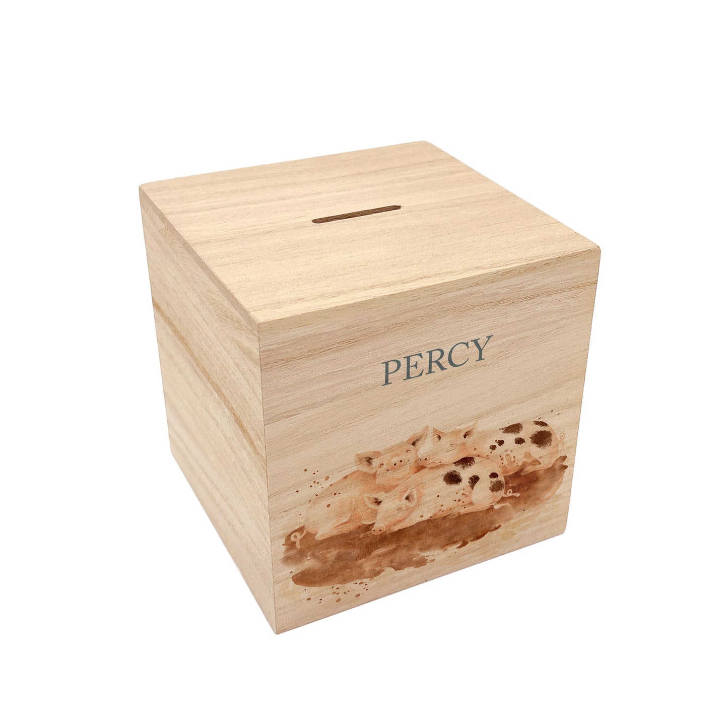 personalised watercolour baby money box handmade for birthday gift, cute little piggies rolling in mud
