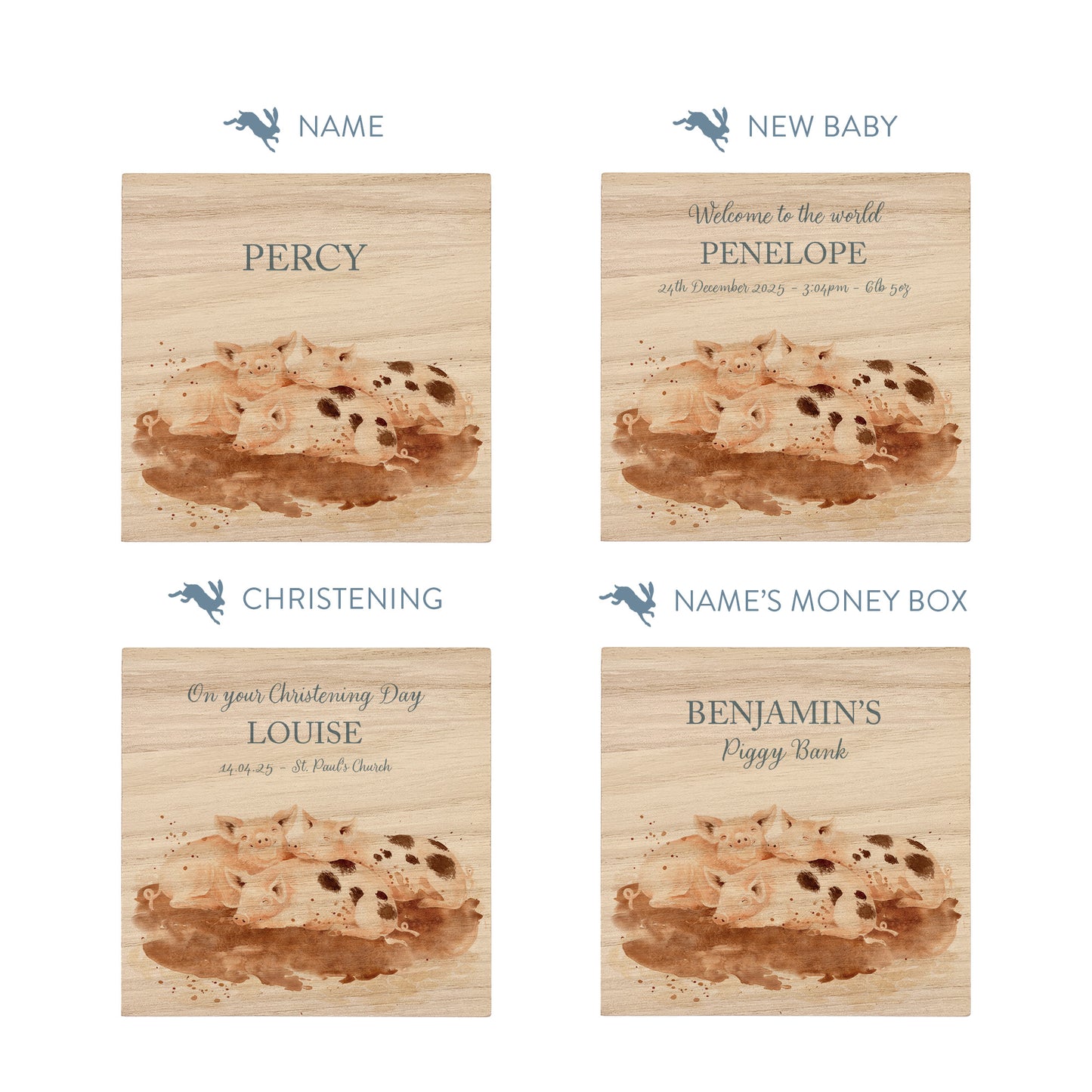 personalised watercolour baby money box handmade for birthday gift, cute little piggies rolling in mud