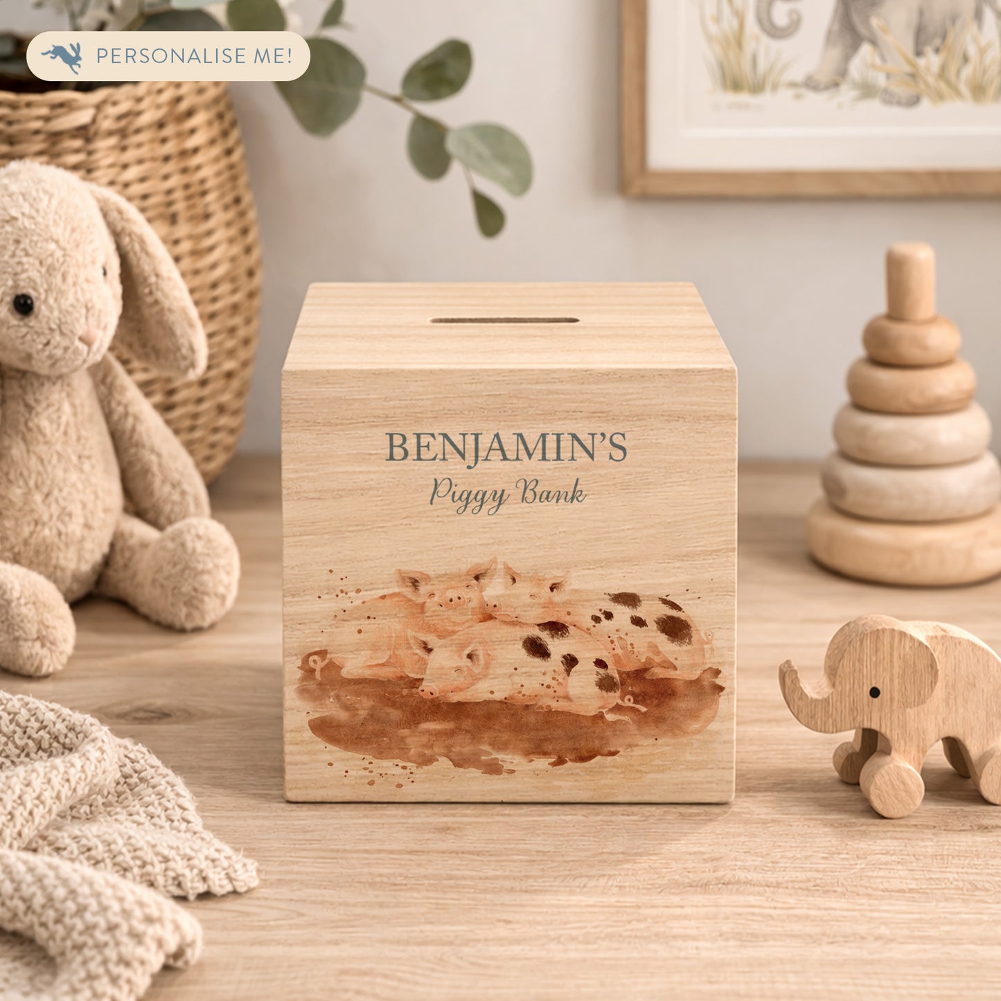personalised watercolour baby money box handmade for birthday gift, cute little piggies rolling in mud