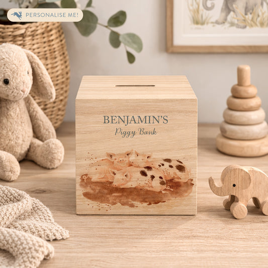 personalised watercolour baby money box handmade for birthday gift, cute little piggies rolling in mud