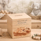 personalised watercolour baby money box handmade for birthday gift, cute little piggies rolling in mud
