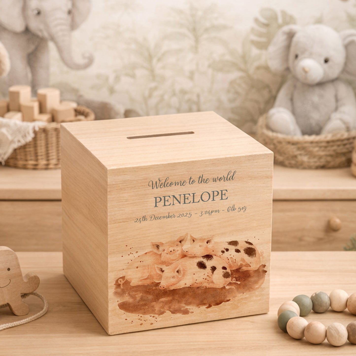 personalised watercolour baby money box handmade for birthday gift, cute little piggies rolling in mud