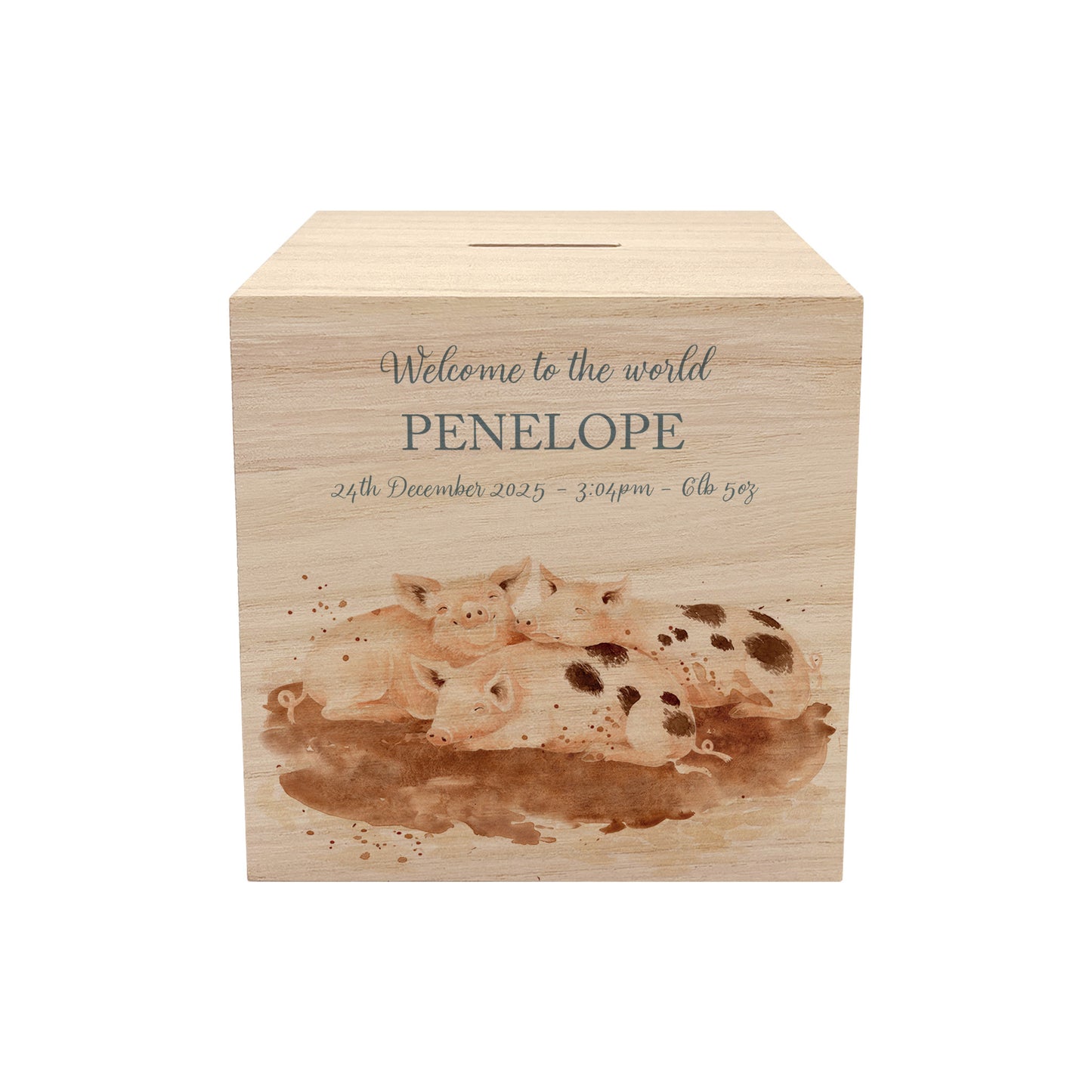 personalised watercolour baby money box handmade for birthday gift, cute little piggies rolling in mud