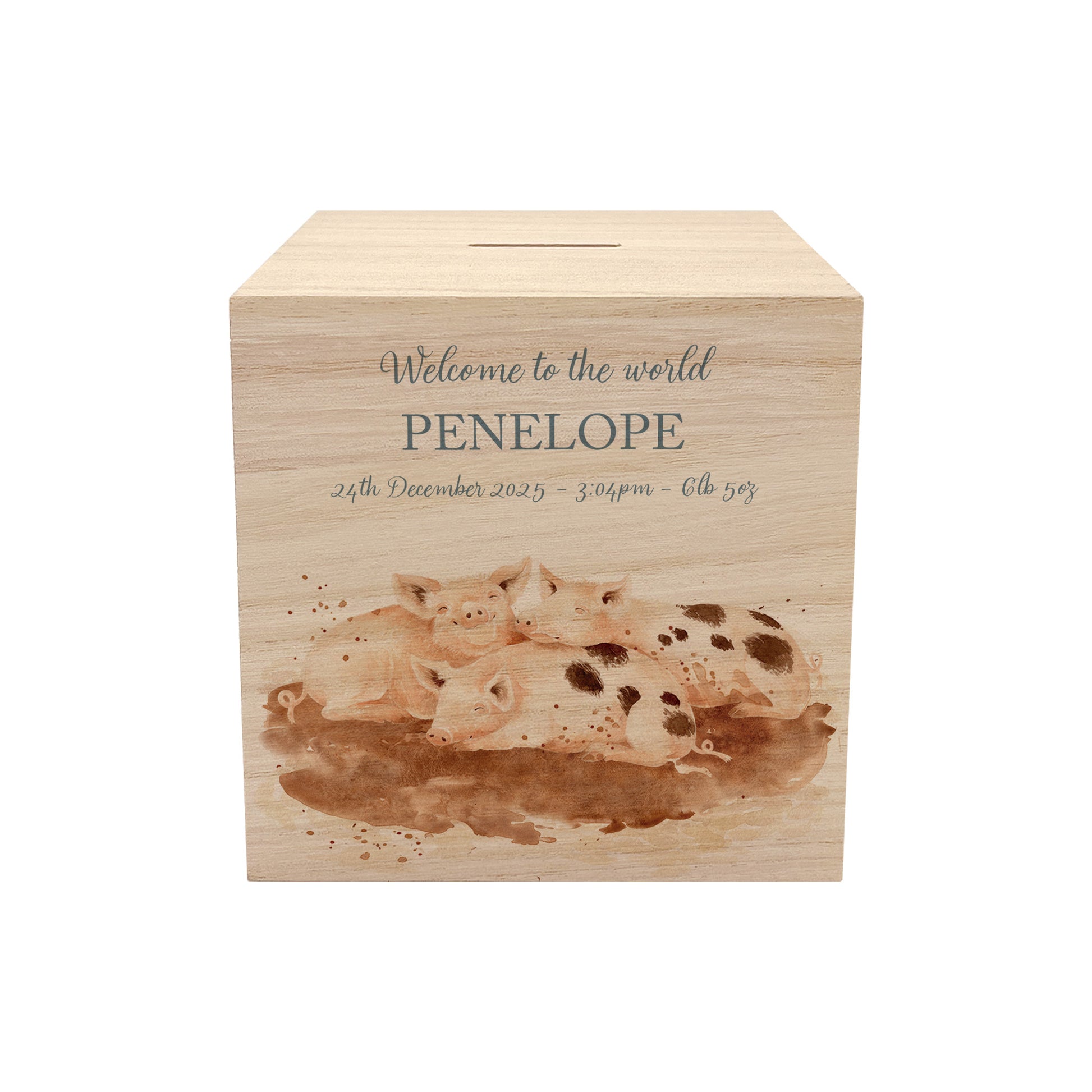 personalised watercolour baby money box handmade for birthday gift, cute little piggies rolling in mud