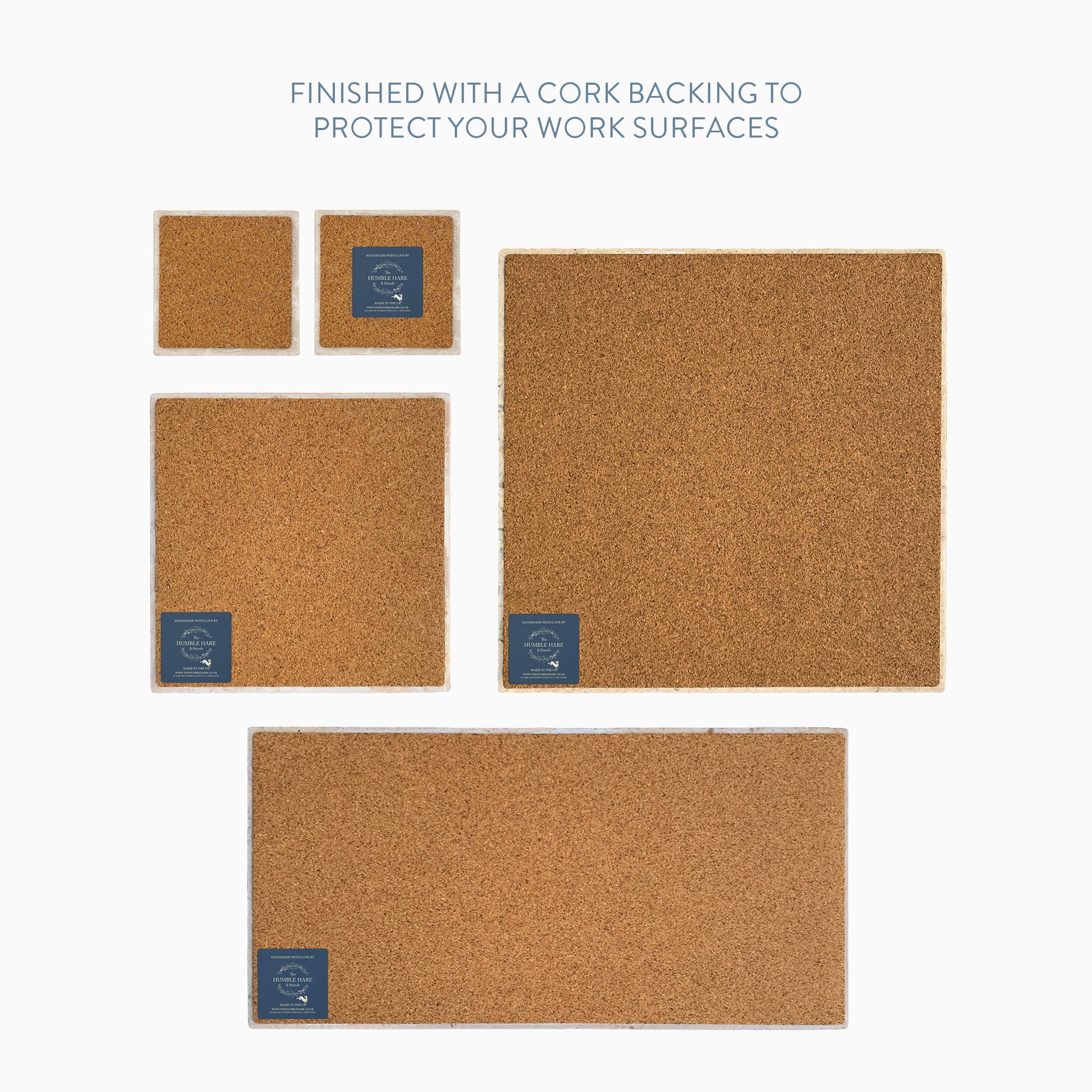 all pieces finished with a cork backing to protect your worktops 