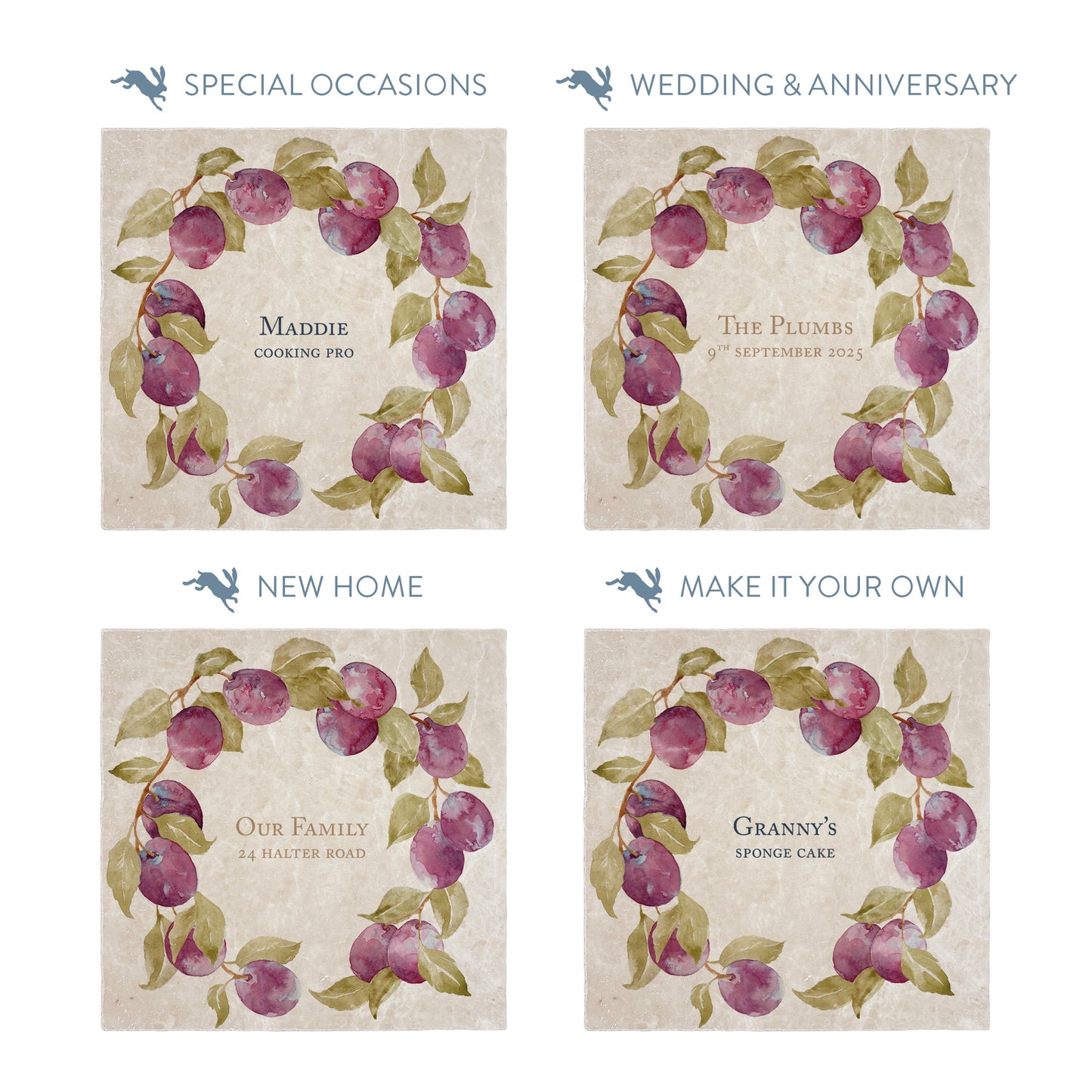 Collection of large marble platters showing the personalisation options available for all occasions including birthdays, weddings, anniversaries and new home gifts.