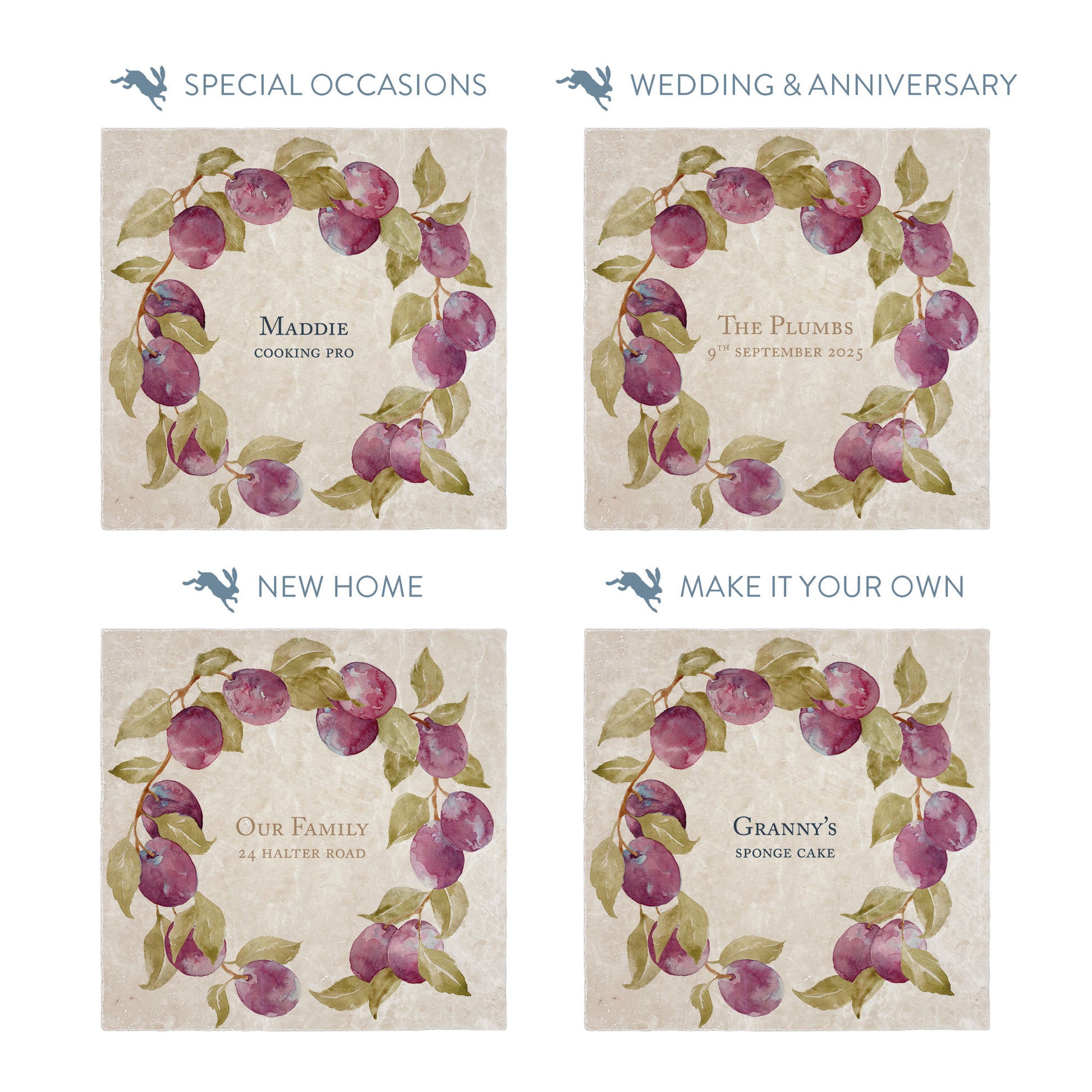 Collection of large marble platters showing the personalisation options available for all occasions including birthdays, weddings, anniversaries and new home gifts.