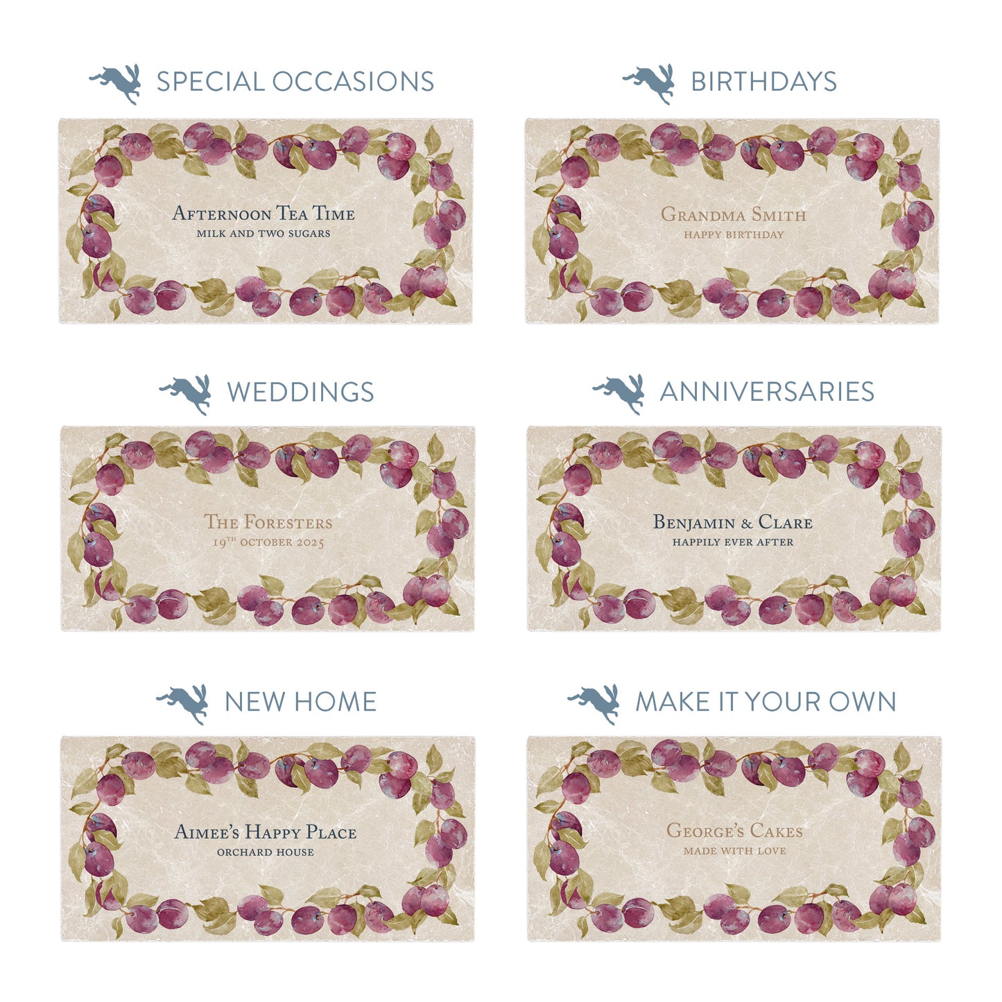 Collection of marble sharing platters showing the personalisation options available for all occasions including birthdays, weddings, anniversaries and new home gifts.