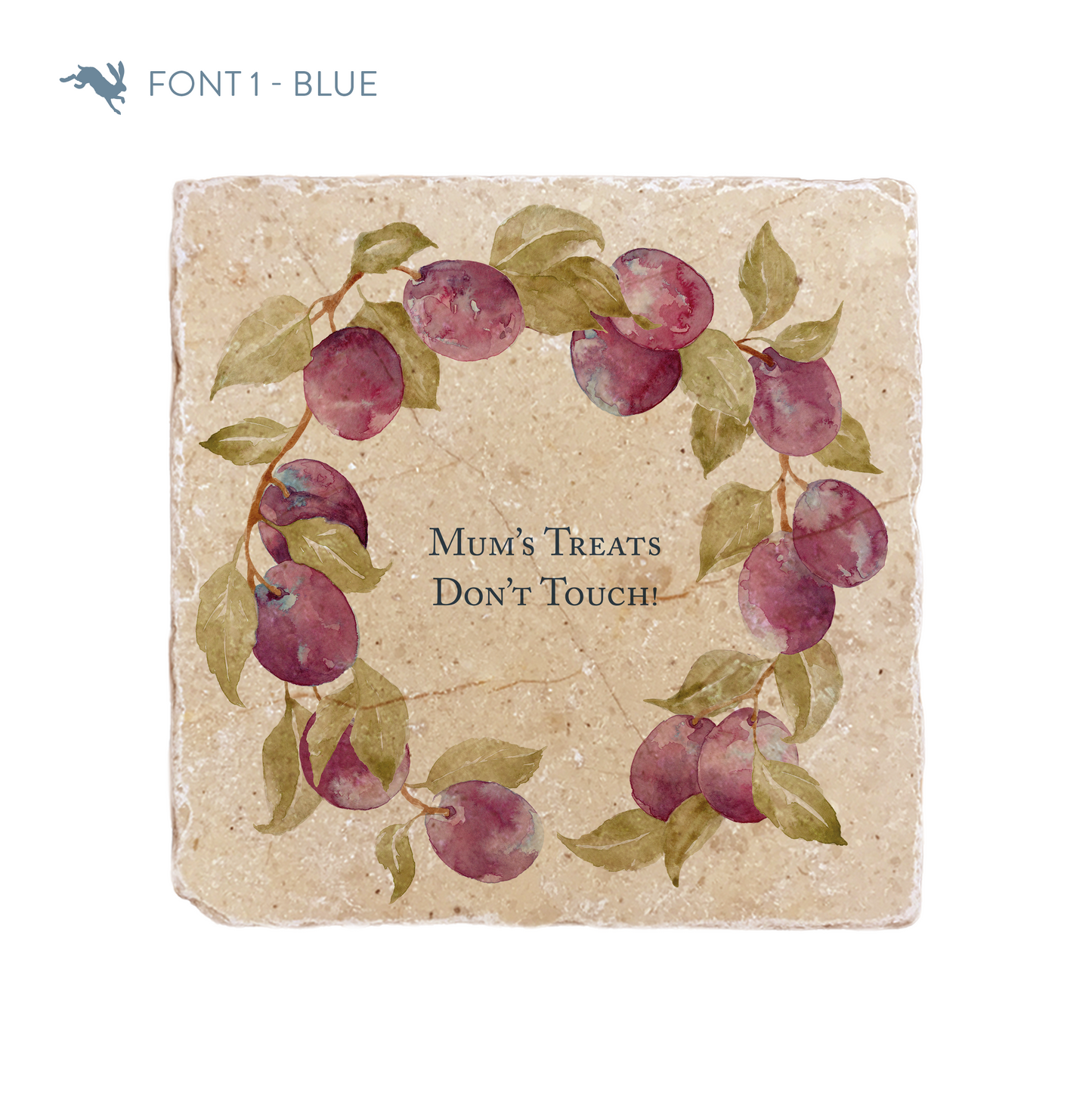 A medium marble platter featuring a wreath of watercolour plums and leaves, personalised with ‘Mum’s Treats Don’t Touch’ in the centre of the platter in a blue font.