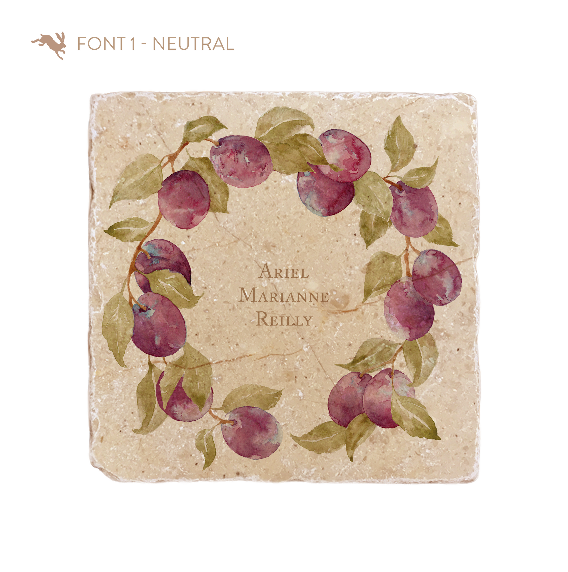 A medium marble platter featuring a wreath of watercolour plums and leaves, personalised with a custom personalised name in the centre of the platter in a neutral font.