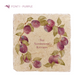 A medium marble platter featuring a wreath of watercolour plums and leaves, personalised with a custom personalised family name in the centre of the platter in a purple font.