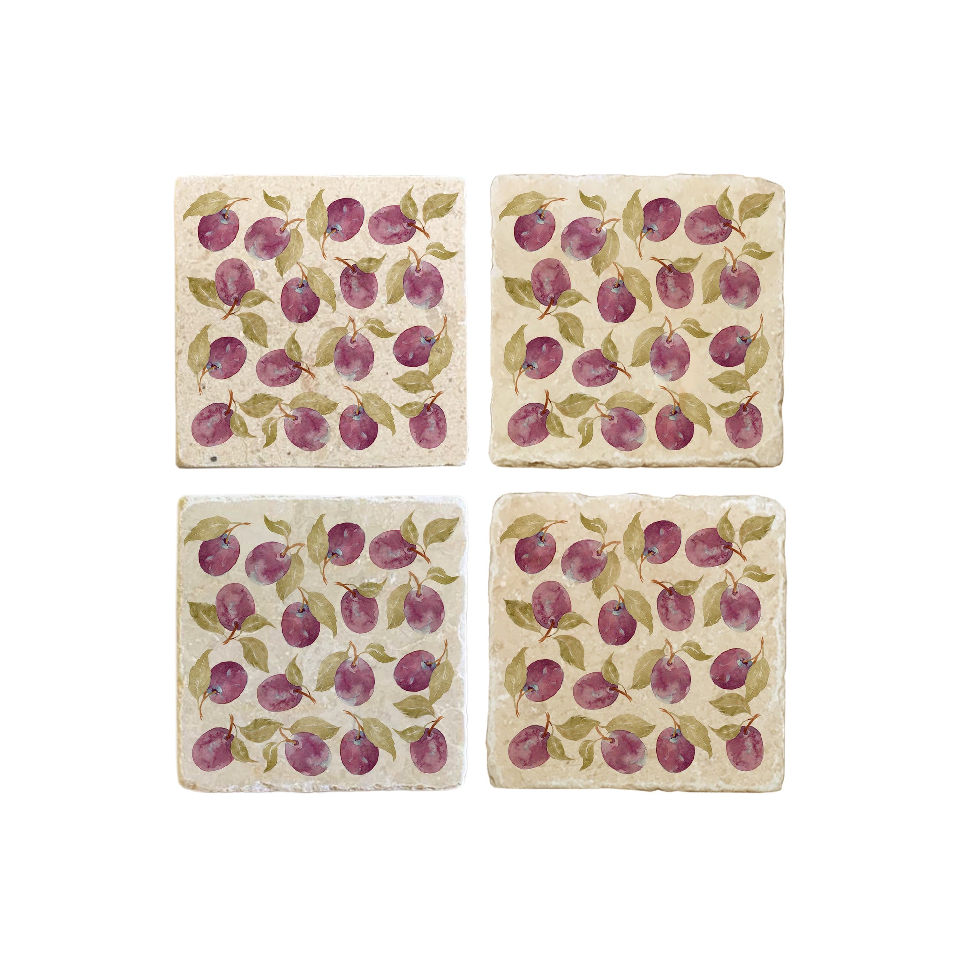 A set of 4 square marble coasters, featuring a maximalist watercolour plum pattern.