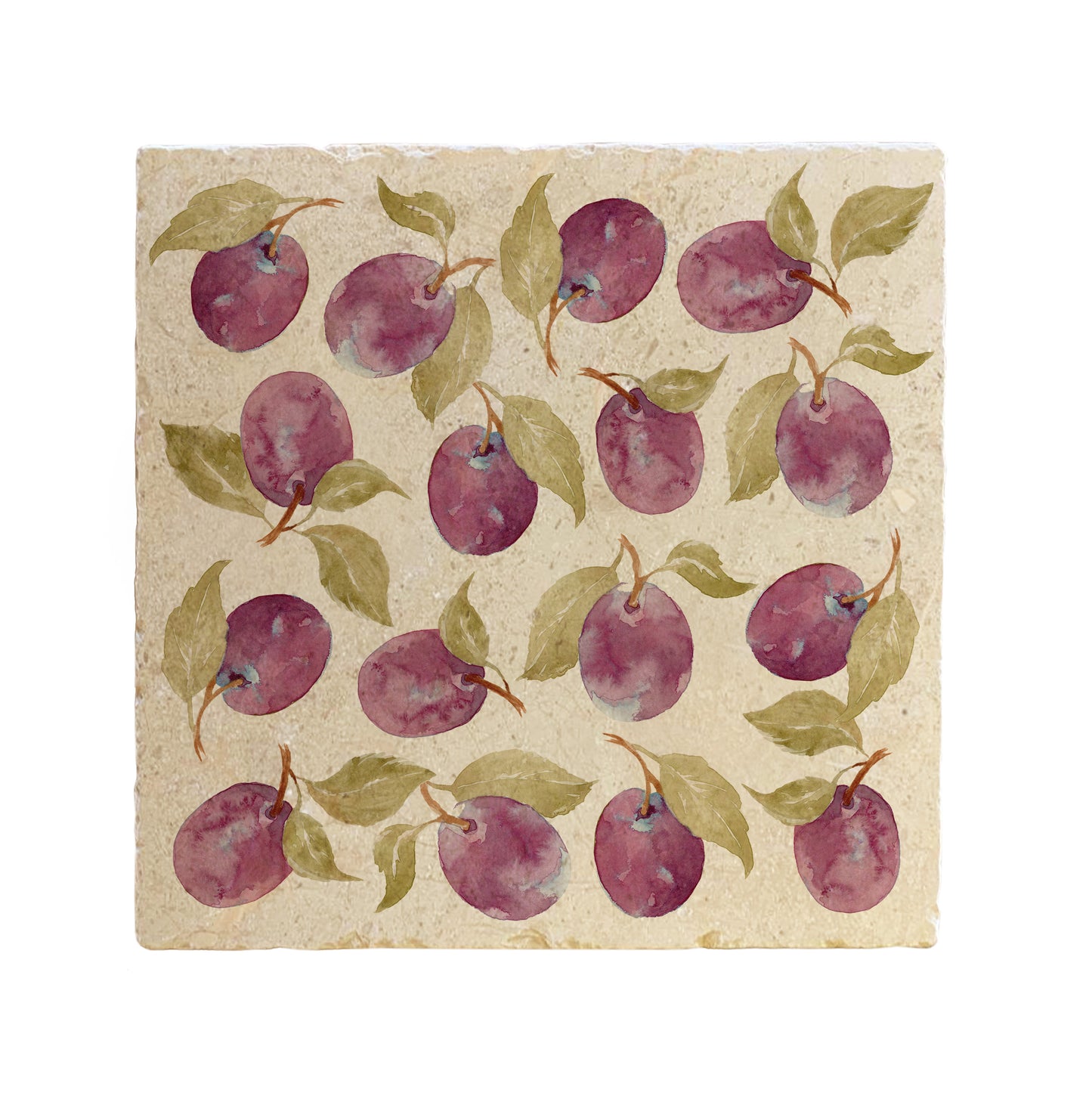 A large square marble placemat, featuring a watercolour plum pattern design