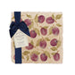 A medium multipurpose marble platter with a watercolour plum pattern, packaged with a luxurious dark blue bow and branded gift tag.