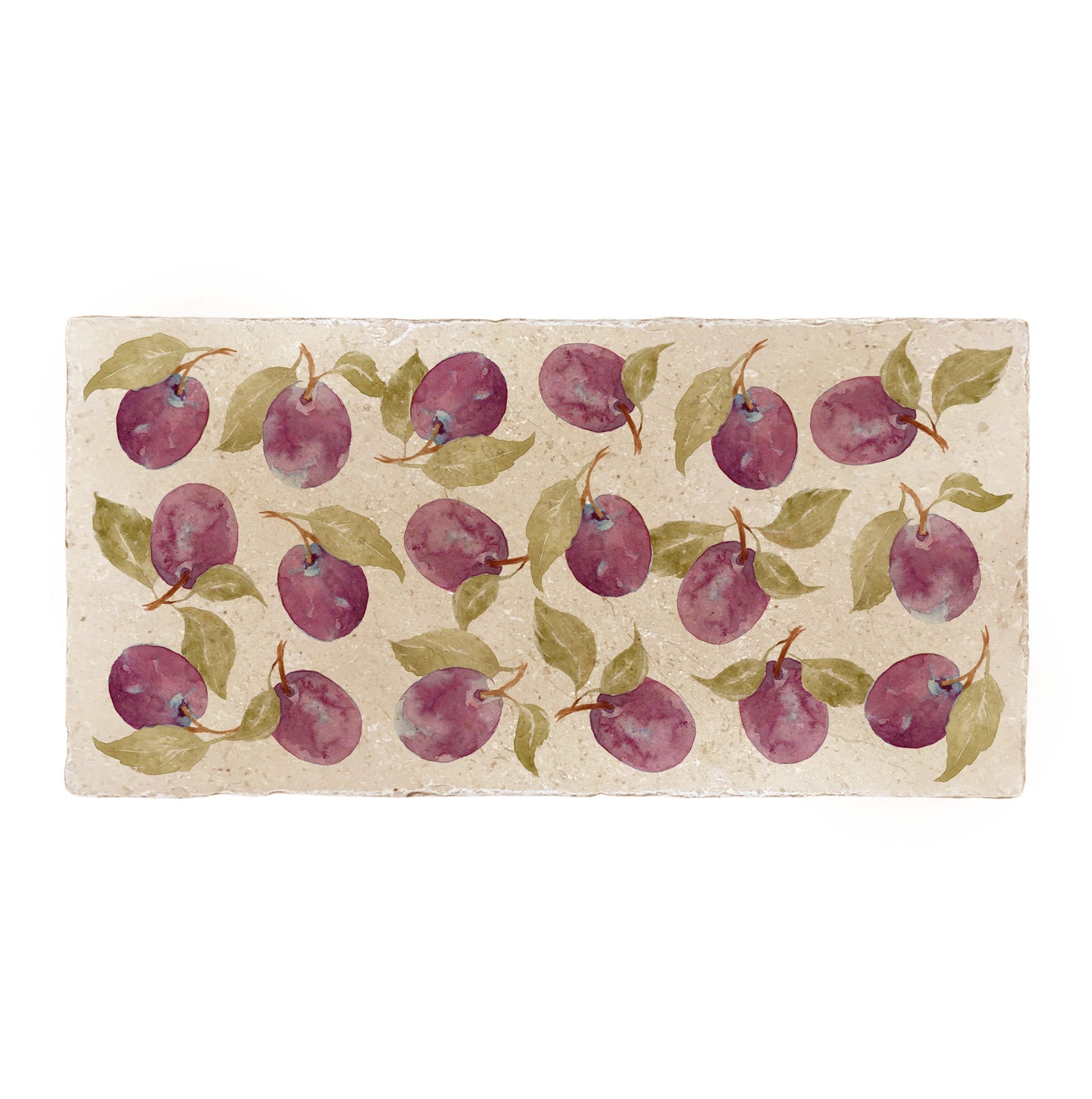 A rectangular marble sharing platter, featuring a maximalist watercolour plum pattern.