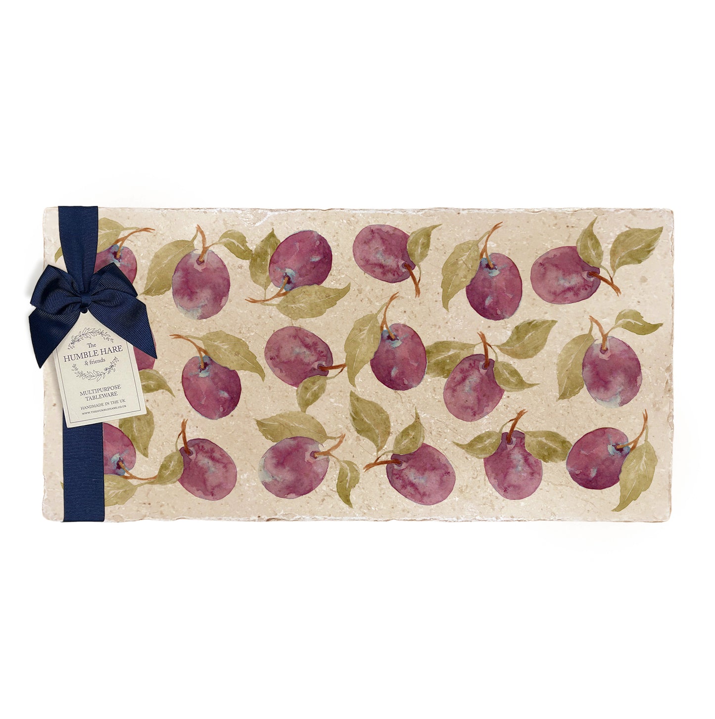 A multipurpose marble sharing platter with a watercolour plum pattern, packaged with a luxurious dark blue bow and branded gift tag.