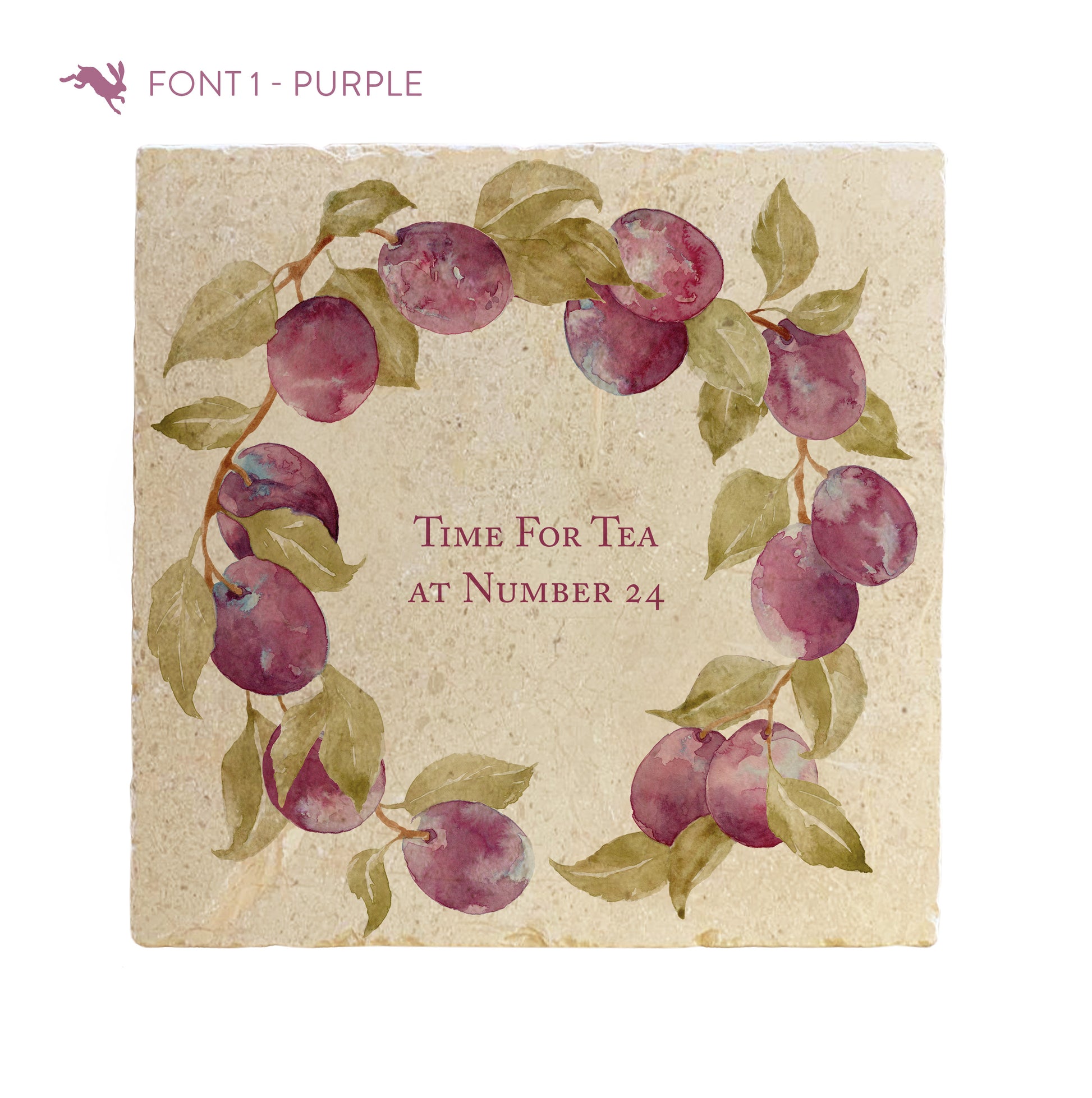 A large marble platter featuring a wreath of plums and leaves, personalised with ‘Time For Tea at Number 24’ in the centre of the platter in a purple font.