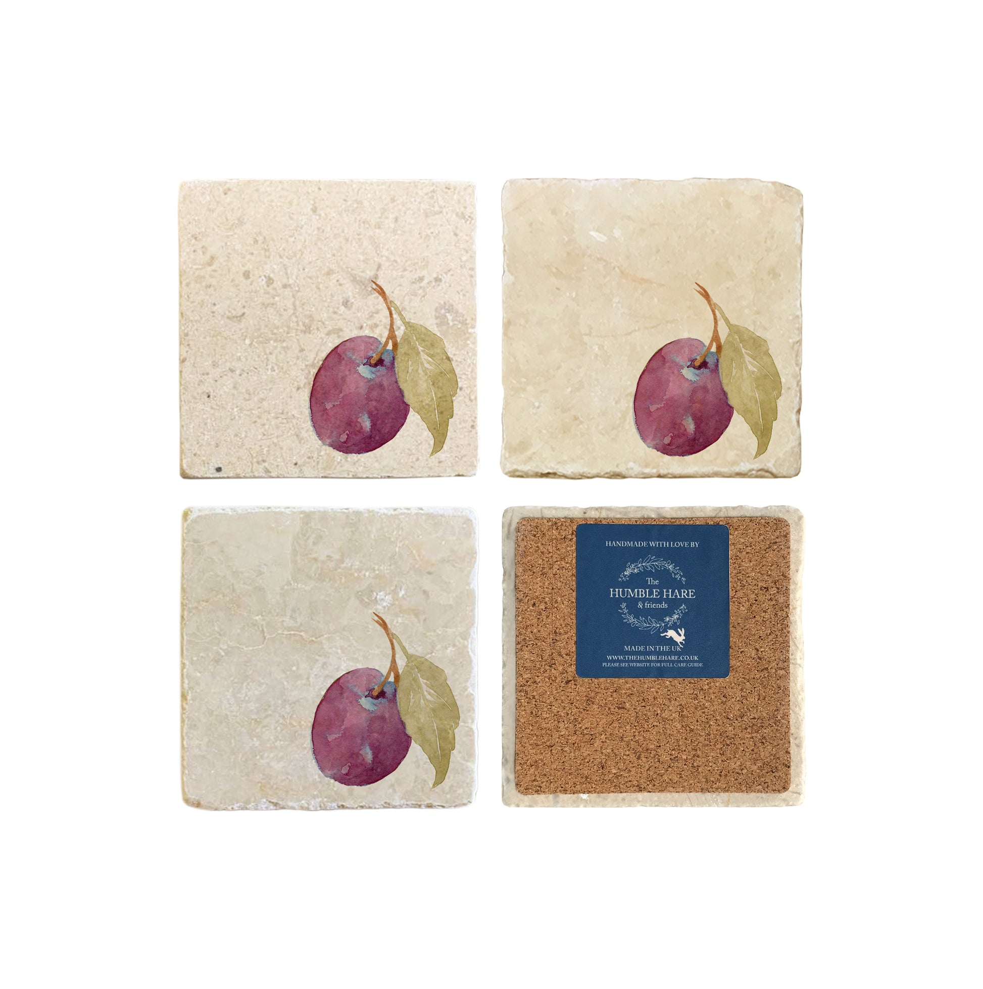 A set of 4 square marble coasters, featuring a single watercolour plum. One coaster is flipped to show that the coasters are backed with cork.