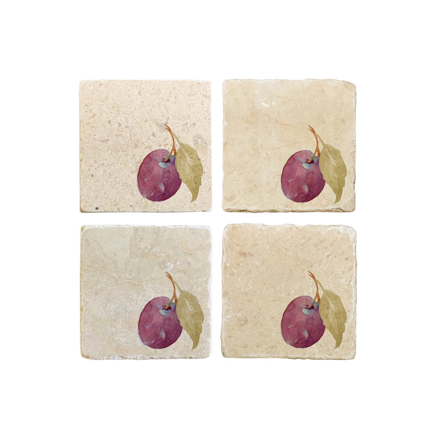 A set of 4 square marble coasters, featuring a minimalistic watercolour plum design.