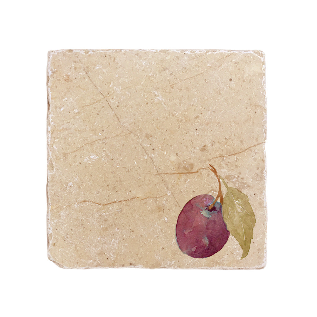 A medium square multipurpose marble platter, featuring a watercolour design of a single purple plum.