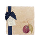 A medium multipurpose marble platter with a watercolour plum design, packaged with a luxurious dark blue bow and branded gift tag.