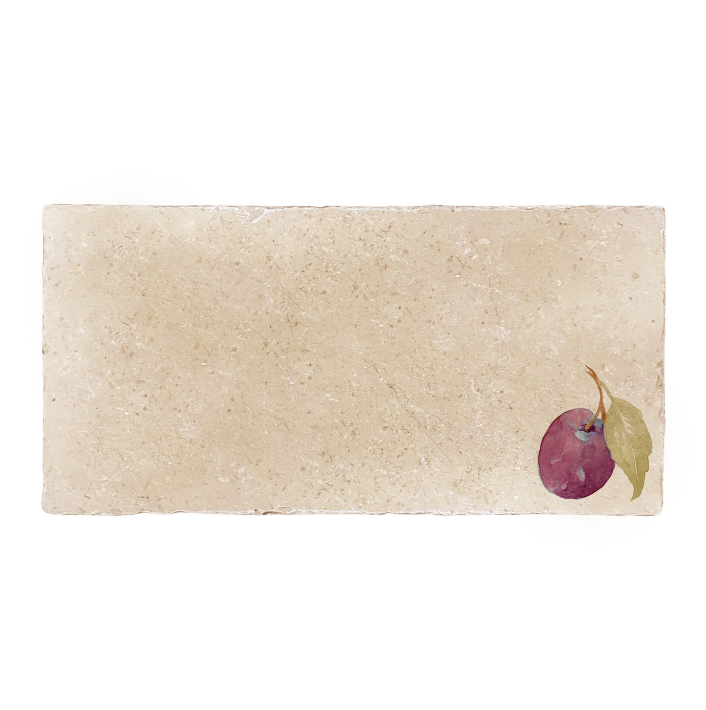 A rectangular marble sharing platter, featuring a watercolour design of a single plum with leaves.