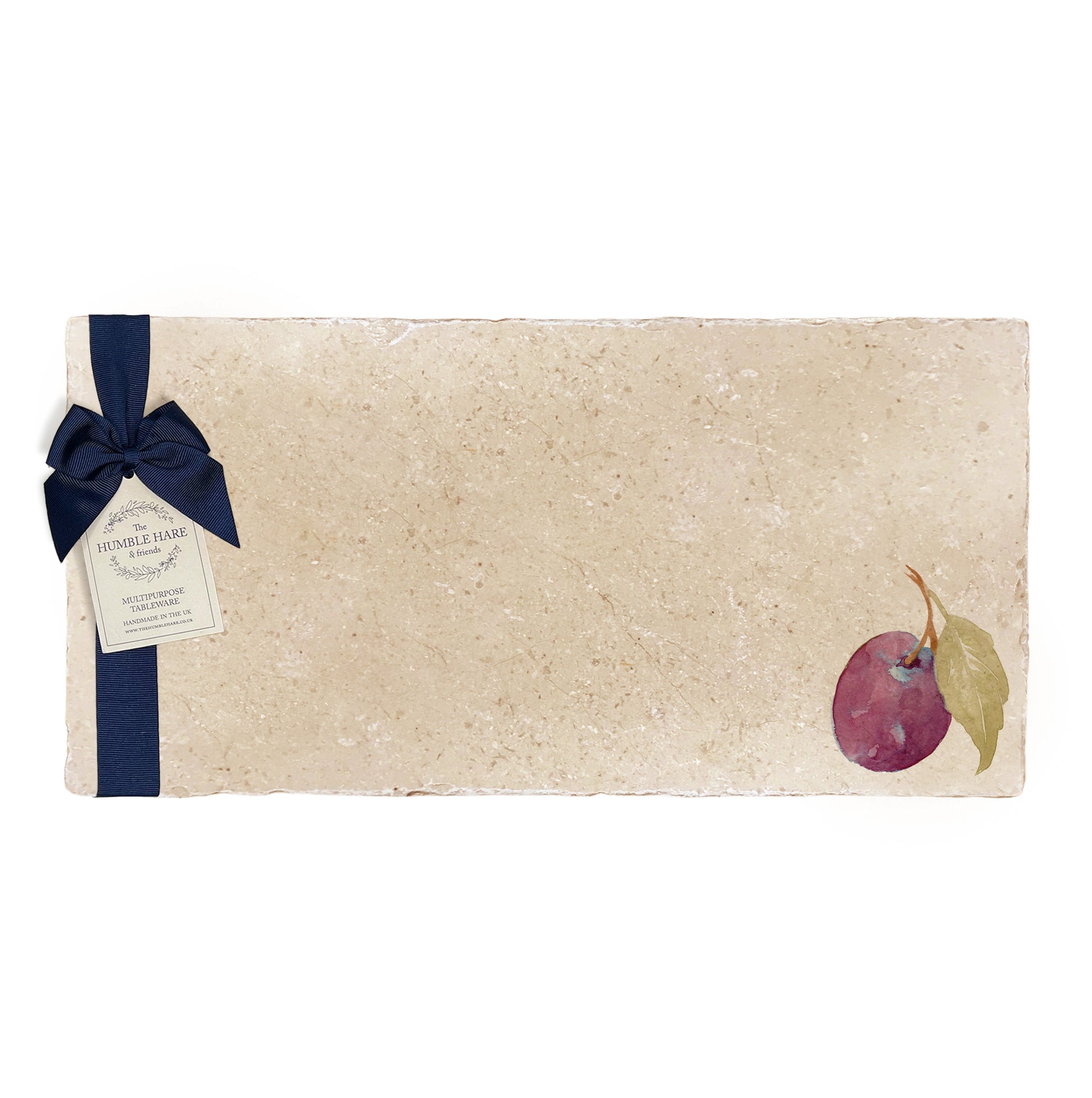 A multipurpose marble sharing platter with a watercolour minimalistic plum, packaged with a luxurious dark blue bow and branded gift tag.