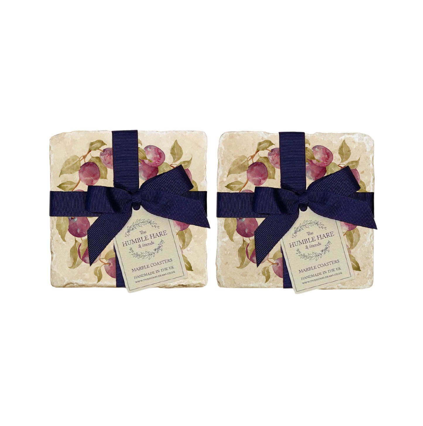 A set of 4 handmade marble coasters featuring a watercolour plum wreath design, packaged in 2 pairs, with a luxurious blue bow and gift tag.