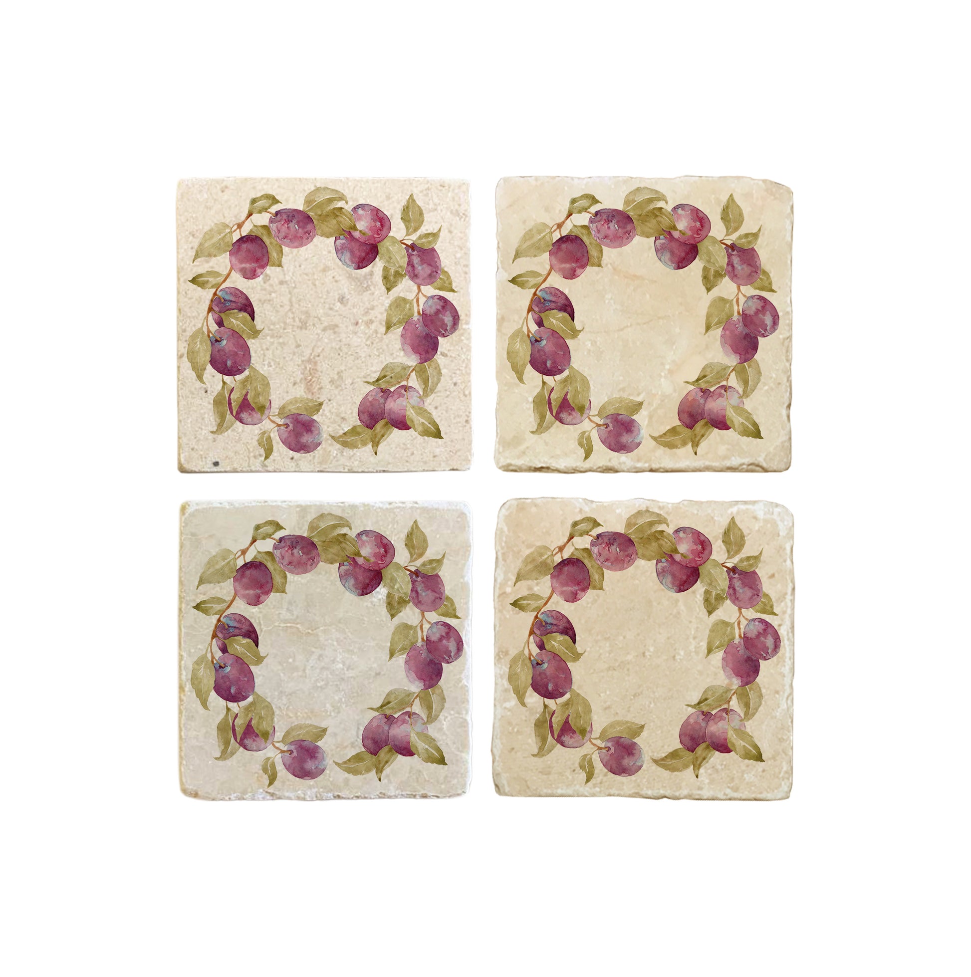 A set of 4 square marble coasters, featuring a rustic watercolour plum wreath.