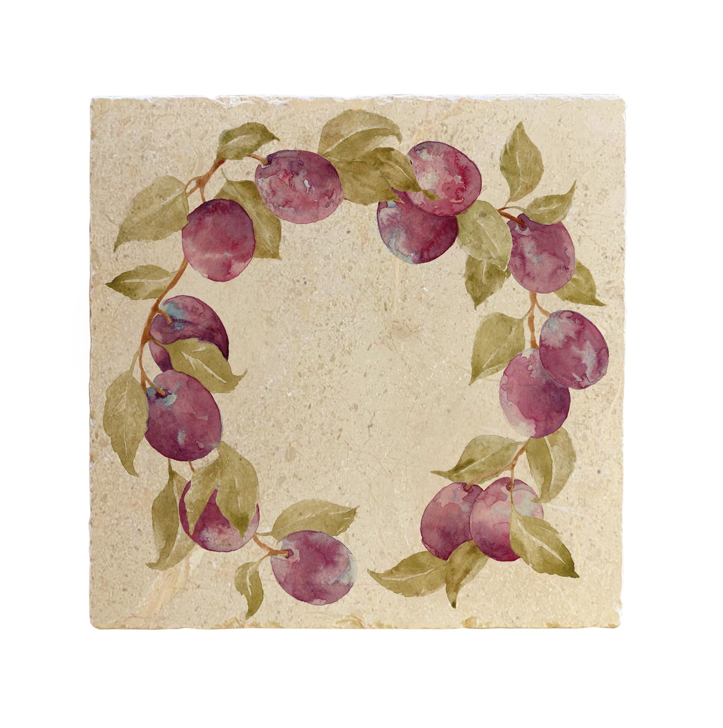 A large square marble placemat, featuring a vintage watercolour plum wreath design.