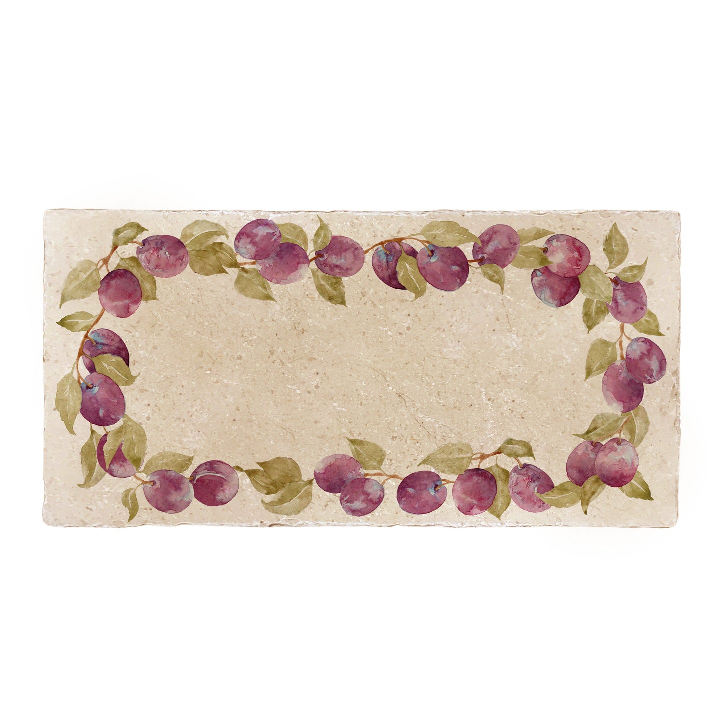 A rectangular marble sharing platter, featuring a watercolour plum wreath design that frames the platter.