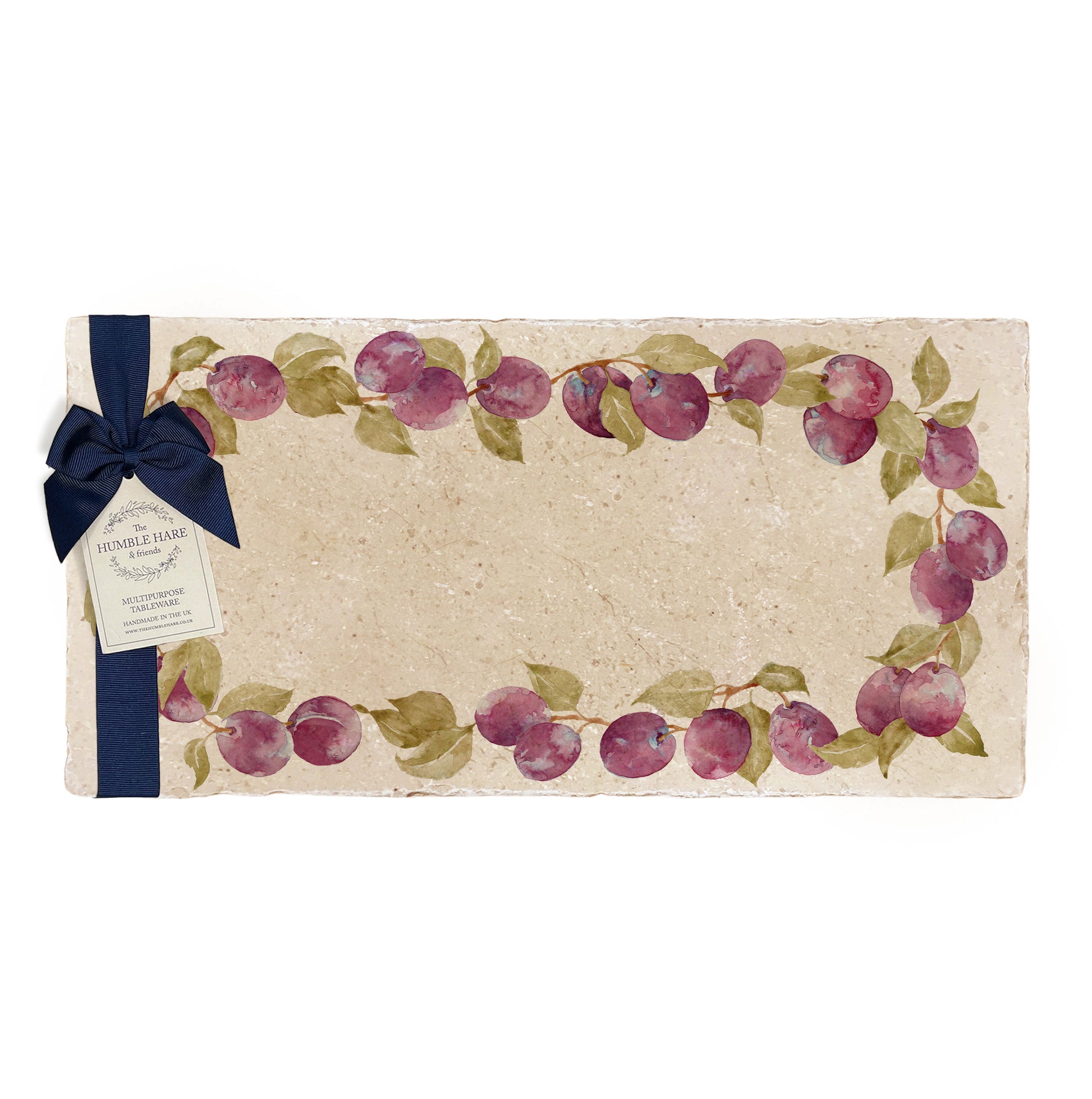 A multipurpose marble sharing platter with a watercolour plum wreath design, packaged with a luxurious dark blue bow and branded gift tag.