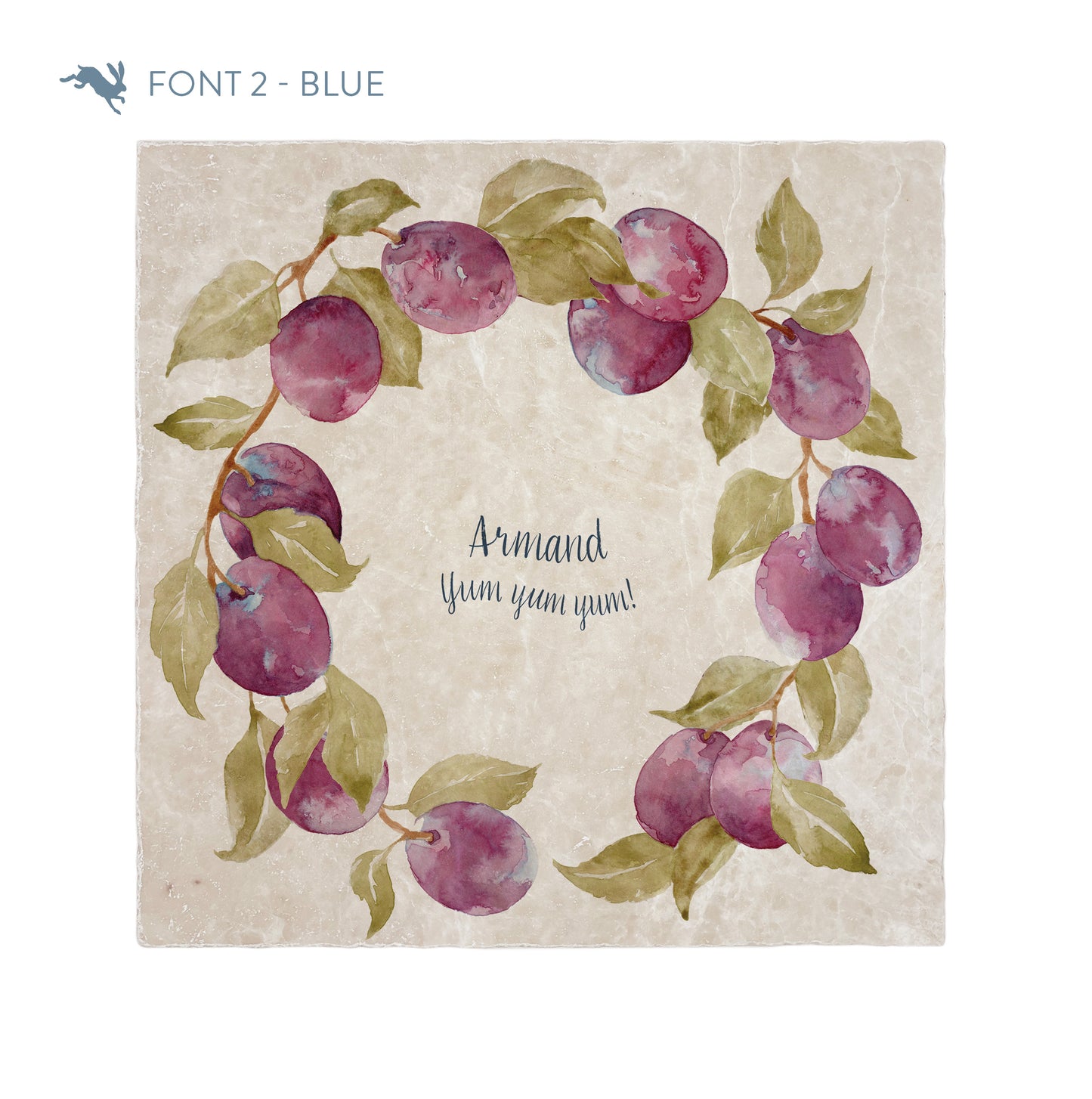 A large square personalised marble placemat with a plum wreath design. The placemat is personalised with a name and 'Yum yum yum!' in a dark blue brush script font.