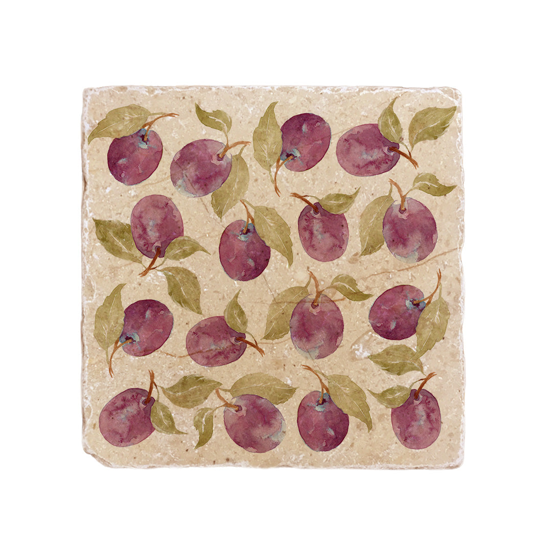 A handmade cream marble 20x20cm wall tile with a maximalist watercolour plum pattern.