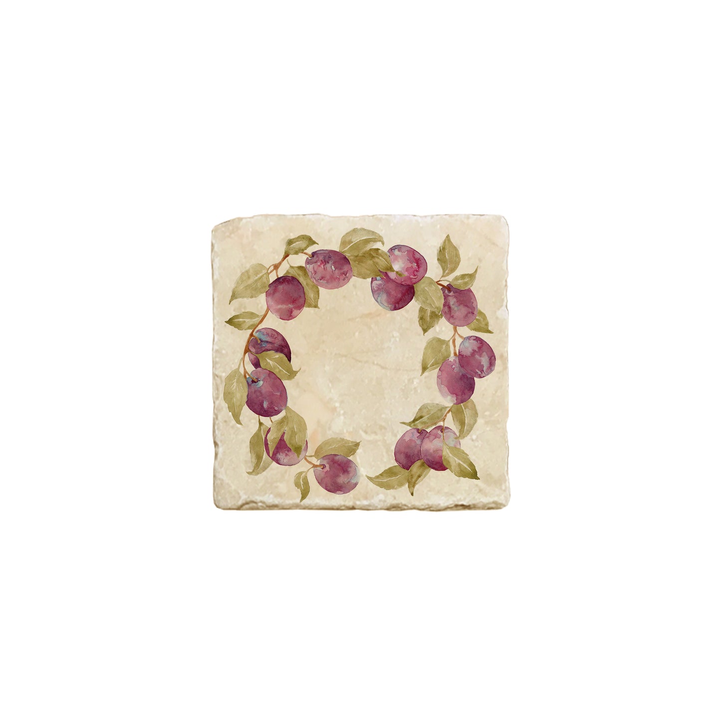 A square marble coaster featuring a watercolour fruit design that can be added to a mix and match set.