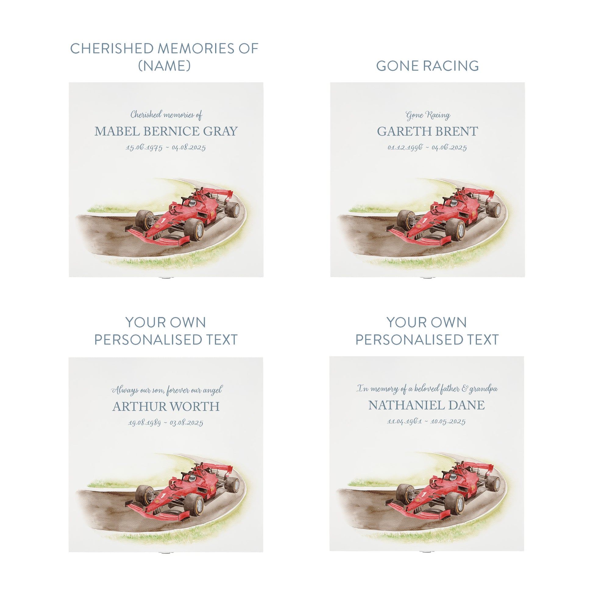 White Square personalised Wooden box with a decorative lid featuring illustrations of a race car on a track, perfect for Dad, Grandad, brother, son "Gone Racing" memorial Perfect funeral memory keepsake box, for storing ashes, order of service, flowers and capturing your loved ones things in one place. 