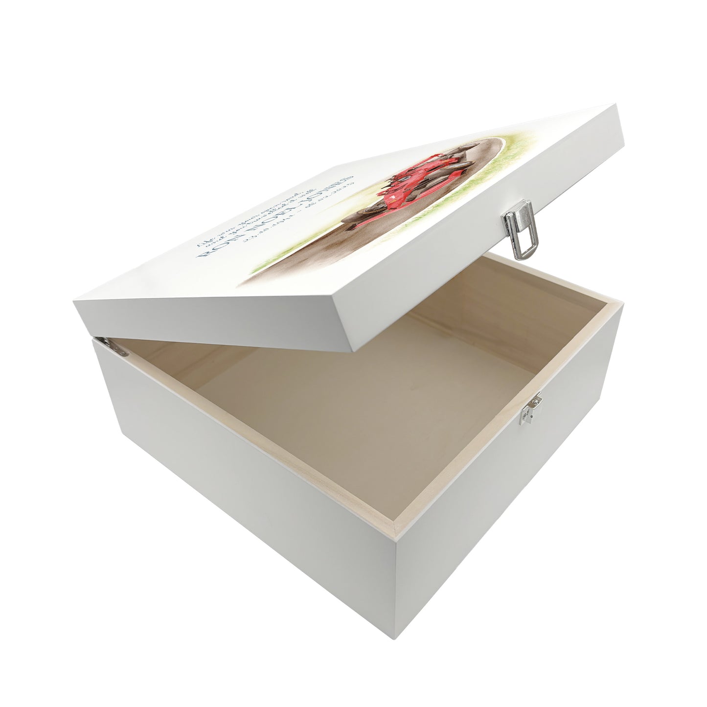 White Square personalised Wooden box with a decorative lid featuring illustrations of a race car on a track, perfect for Dad, Grandad, brother, son "Gone Racing" memorial Perfect funeral memory keepsake box, for storing ashes, order of service, flowers and capturing your loved ones things in one place. 