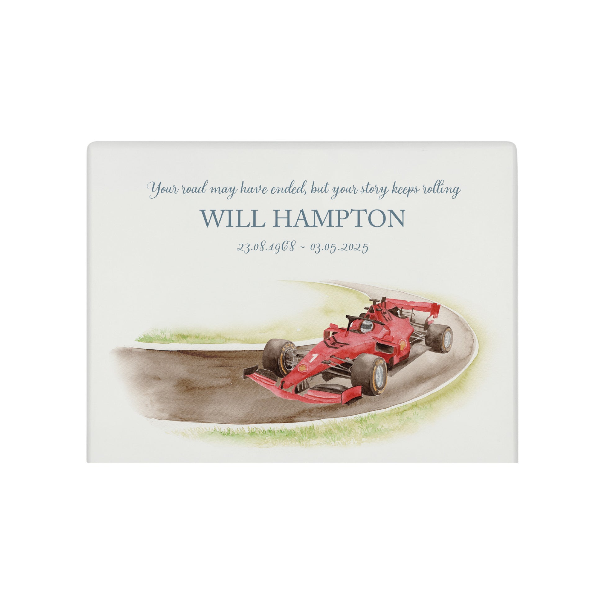 A beautifully crafted solid wooden urn, finished in white with a soft watercolour design of a Race F1 Race car  on a track, perfect for Dad, Thoughtfully made for either display or burial, this personalised urn can be customised to create a meaningful memorial. Perfect for holding ashes of a loved one or a beloved pet, it serves as a comforting tribute and keepsake.
